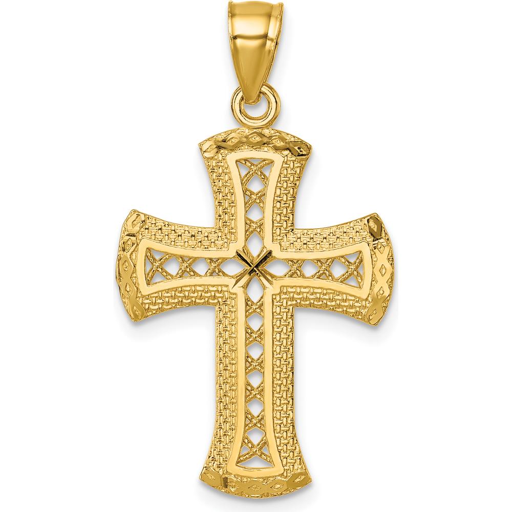 14K Yellow Gold Polished Diamond-Cut Textured Lattice Design Cross Pendant - 34.4mm Length by Oro Pregiato