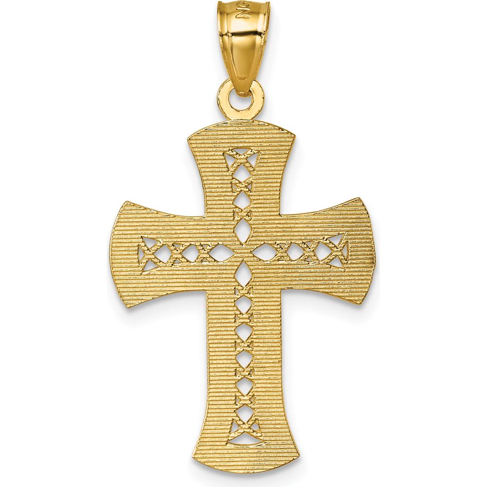 14K Yellow Gold Polished Diamond-Cut Textured Lattice Design Cross Pendant - 34.4mm Length by Oro Pregiato