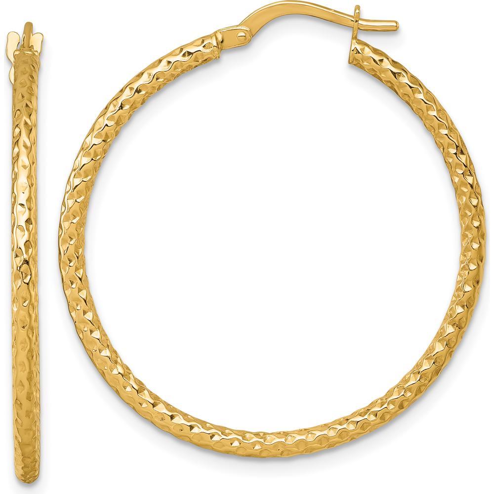 14K Yellow Gold Polished Diamond-Cut Textured Tube Hoop Earrings - 34mm Length by 0