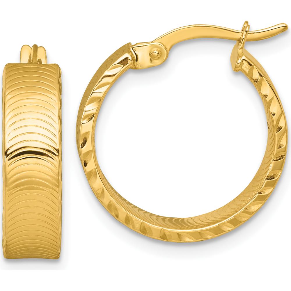 14K Yellow Gold Polished Diamond-Cut Textured Tube Hoop Earrings - 5mm Thickness x 18mm Width by 0