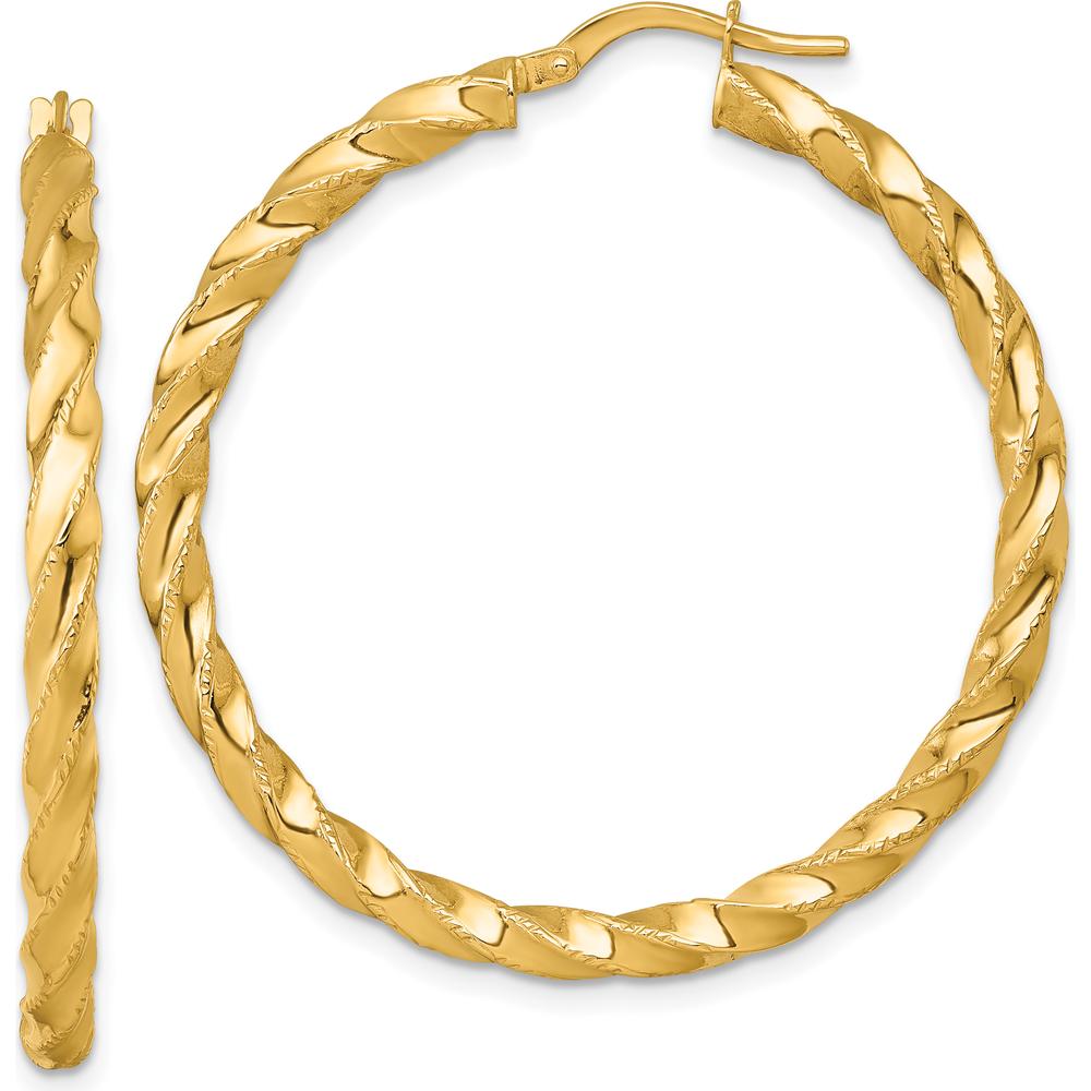 14K Yellow Gold Polished Diamond-Cut Twisted Hoop Earrings - 40mm Length by 0
