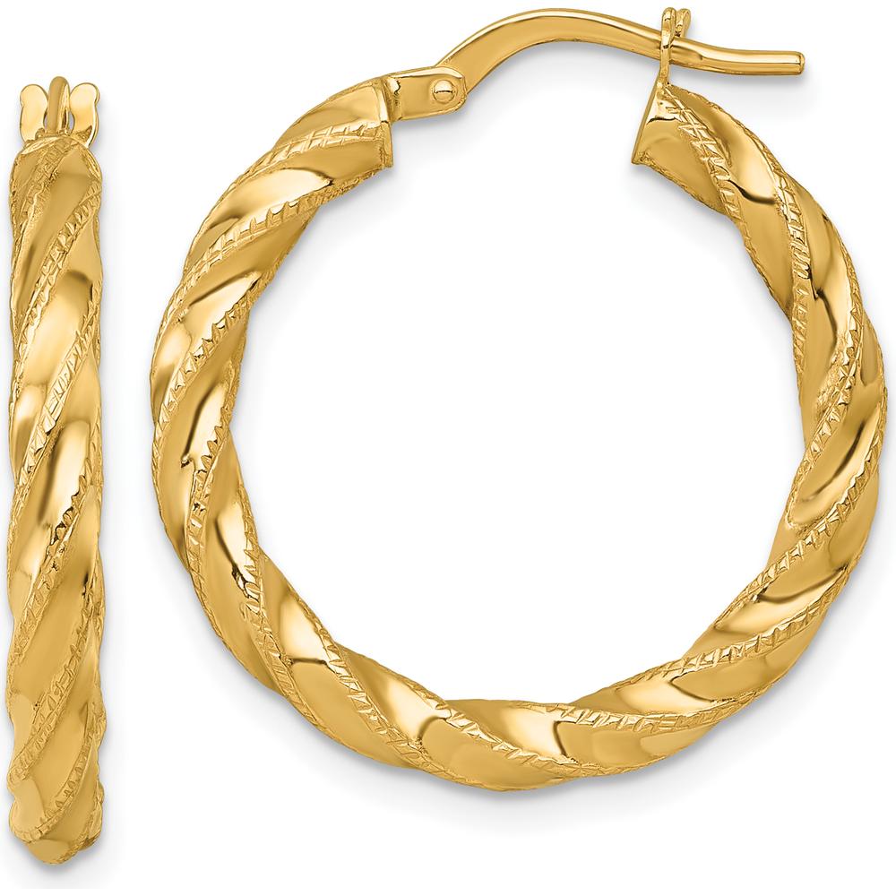 14K Yellow Gold Polished Diamond-Cut Twisted Large Hoop Earrings - 25mm Width, 26mm Length by 0