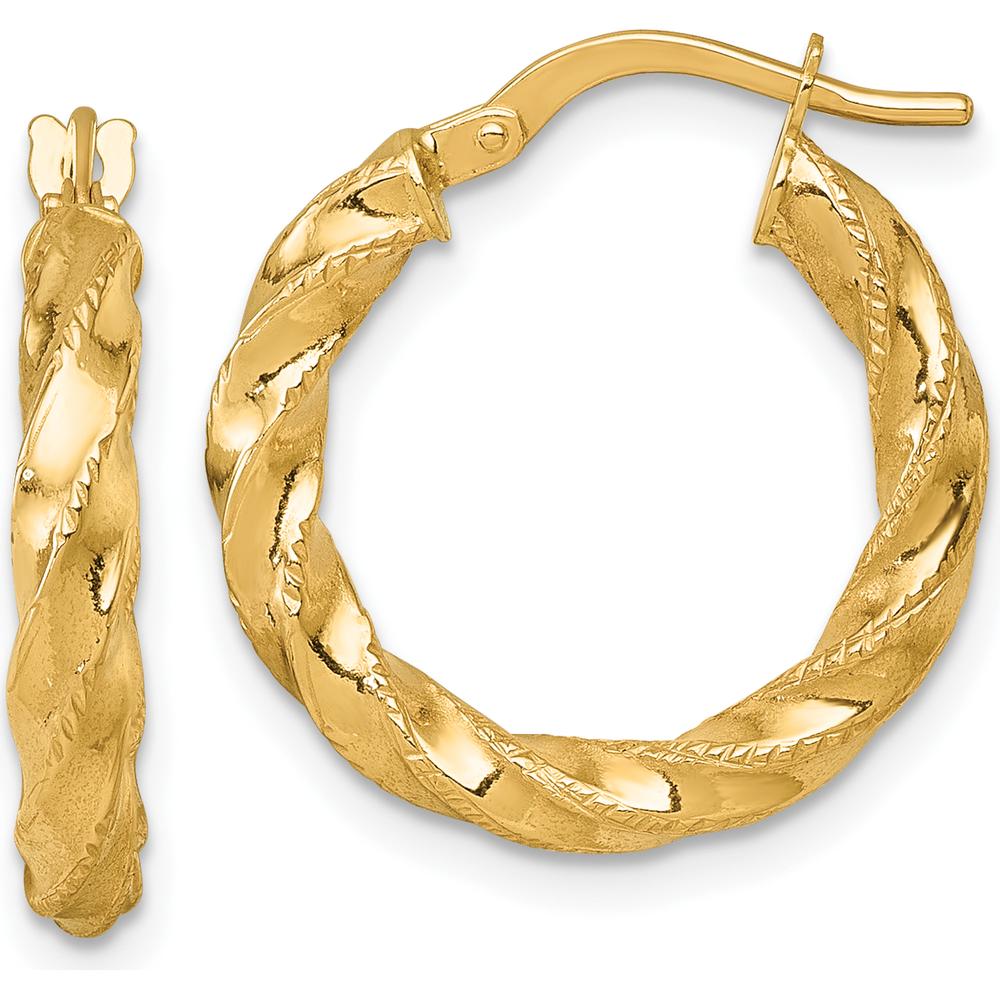 14K Yellow Gold Polished Diamond-cut Twisted Tube Hoop Earrings - 3.0mm x 20mm by 0