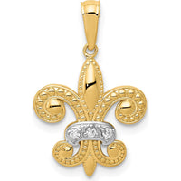14K Yellow Gold Polished Diamond Fleur de Lis Pendant with Rhodium Accents - 0.03 Carat Total Diamond Weight by Monteluci Fine Jewelry