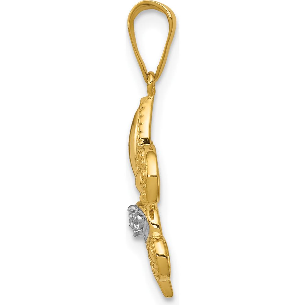 14K Yellow Gold Polished Diamond Fleur de Lis Pendant with Rhodium Accents - 0.03 Carat Total Diamond Weight by Monteluci Fine Jewelry