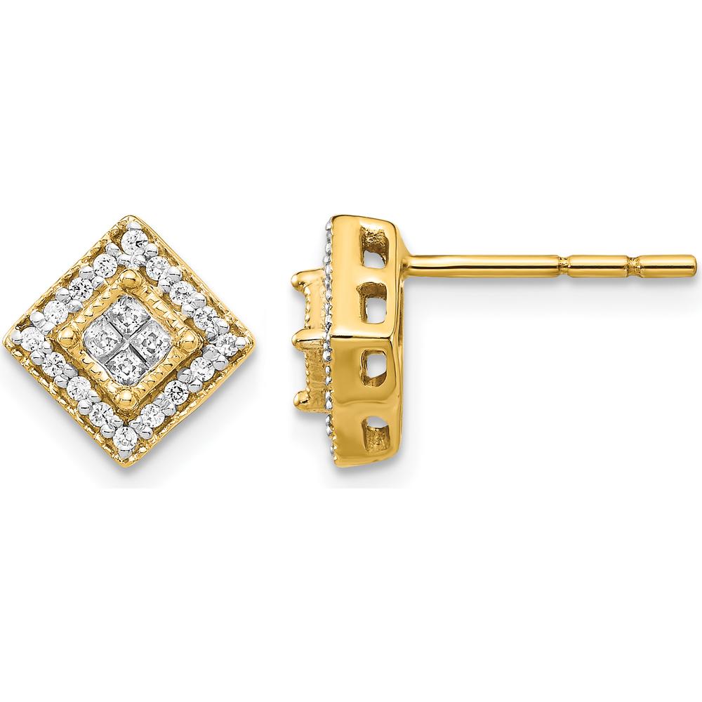 14K Yellow Gold Polished Diamond Post Earrings with Square and Round Diamonds - 0.034 Carat Total Diamond Weight by Monteluci Fine Jewelry