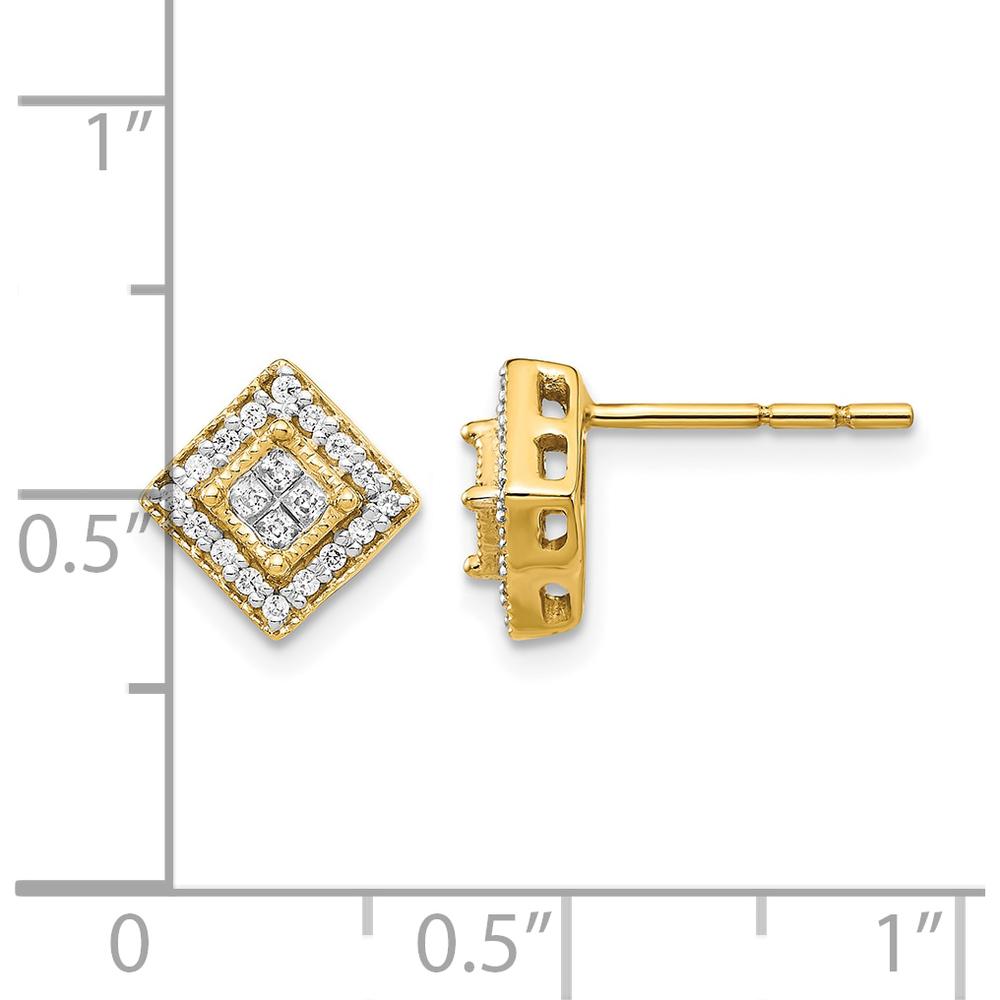 14K Yellow Gold Polished Diamond Post Earrings with Square and Round Diamonds - 0.034 Carat Total Diamond Weight by Monteluci Fine Jewelry