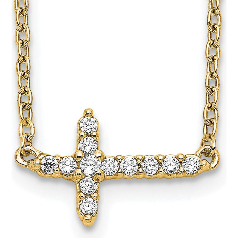 14K Yellow Gold Polished Diamond Sideways Cross Necklace - 0.18 Carat Total Diamond Weight by Monteluci Fine Jewelry