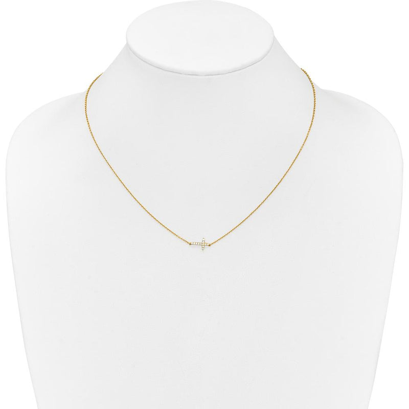 14K Yellow Gold Polished Diamond Sideways Cross Necklace - 0.18 Carat Total Diamond Weight by Monteluci Fine Jewelry