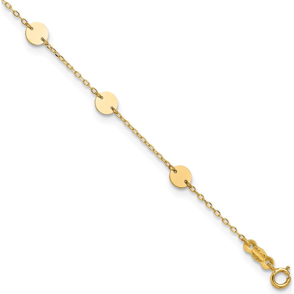 14K Yellow Gold Polished Disc 9-Station Anklet with 1" Extender