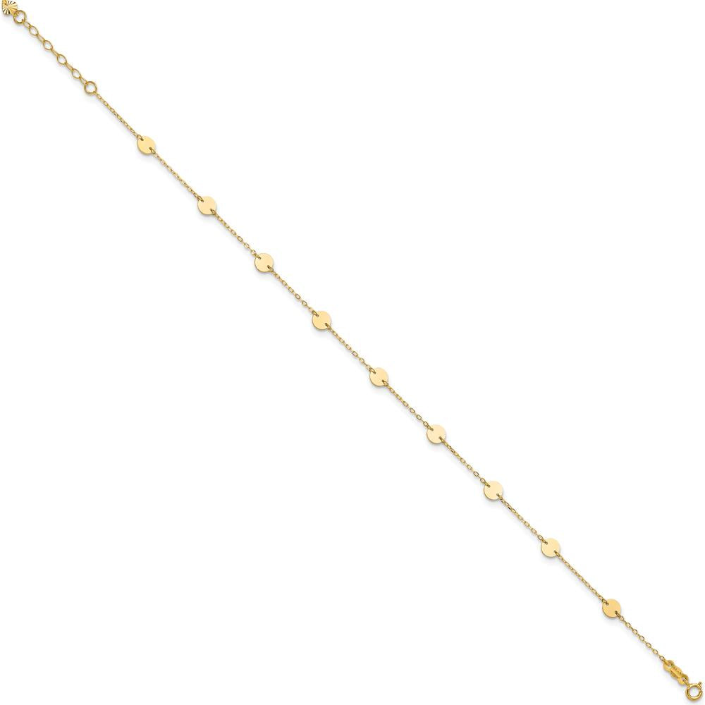 14K Yellow Gold Polished Disc 9-Station Anklet with 1" Extender