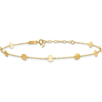 14K Yellow Gold Polished Disc 9-Station Anklet with 1" Extender