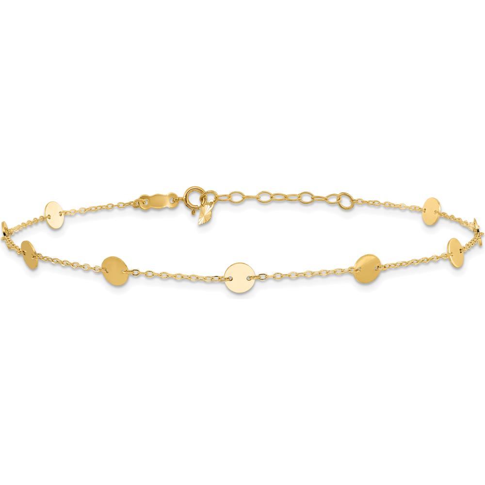 14K Yellow Gold Polished Disc 9-Station Anklet with 1" Extender