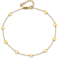 14K Yellow Gold Polished Disc 9-Station Anklet with 1" Extender