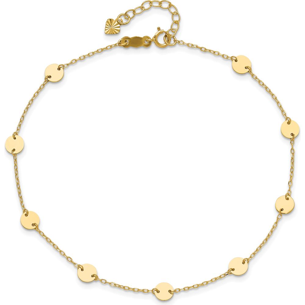 14K Yellow Gold Polished Disc 9-Station Anklet with 1" Extender