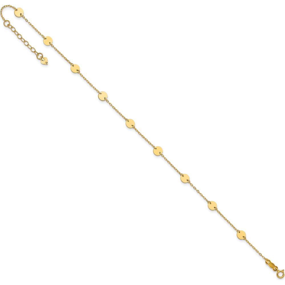 14K Yellow Gold Polished Disc 9-Station Anklet with 1" Extender