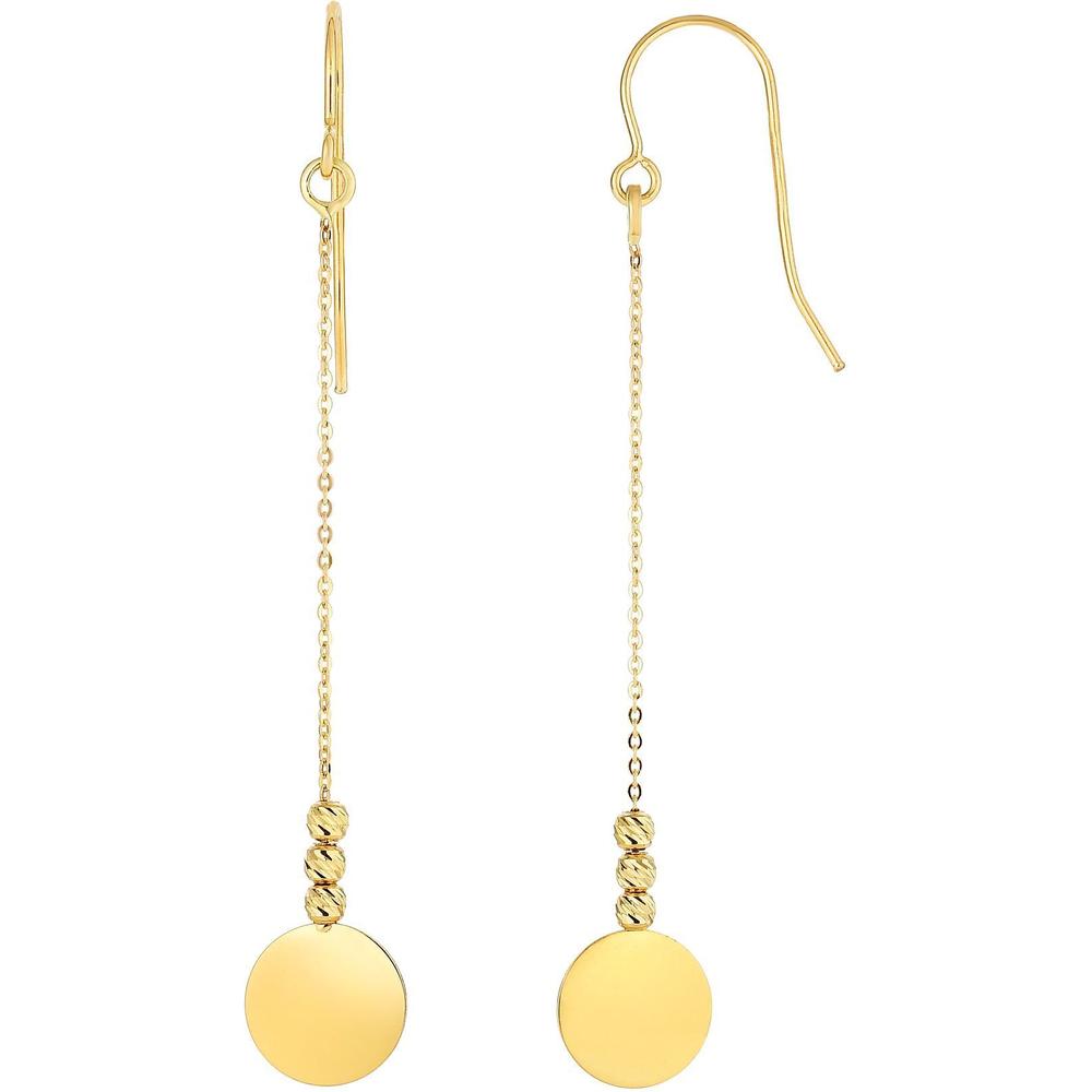 14K Yellow Gold Polished Disc & Bead Drop Earrings with Euro Wire Closure by Orozza Fine Jewelry