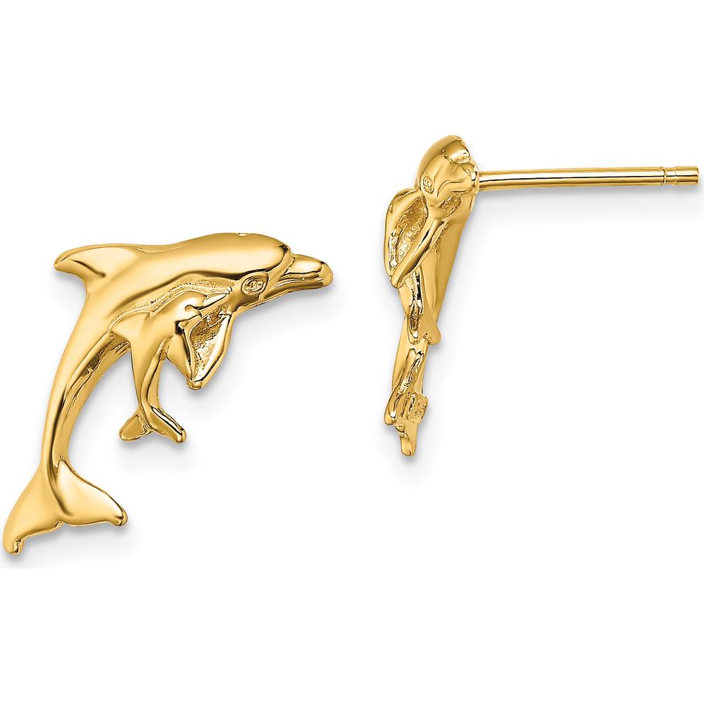 14K Yellow Gold Polished Dolphin and Baby Button Post Earrings by 0