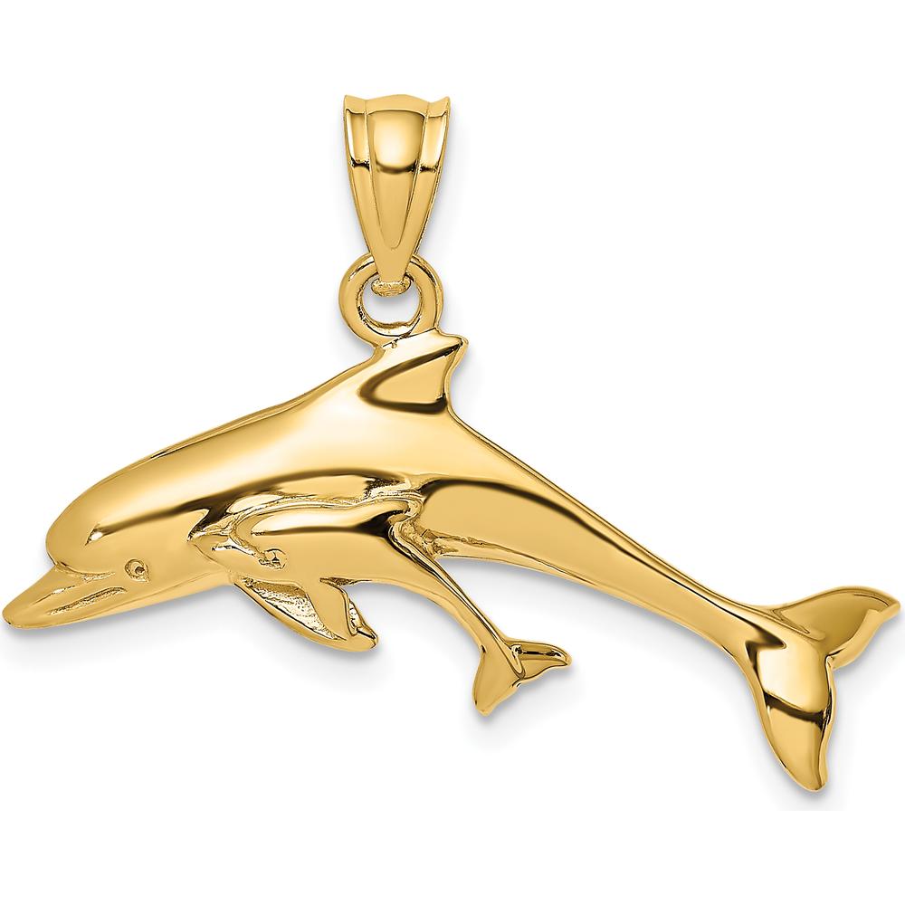 14K Yellow Gold Polished Dolphin and Baby Charm - 16mm Pendant by Oro Pregiato