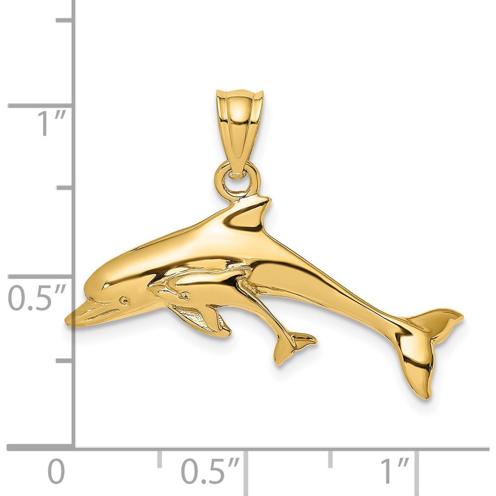 14K Yellow Gold Polished Dolphin and Baby Charm - 16mm Pendant by Oro Pregiato