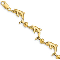 14K Yellow Gold Polished Dolphin and Bead Bracelet - 7.5" Length by Oro Pregiato