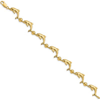 14K Yellow Gold Polished Dolphin and Bead Bracelet - 7.5" Length by Oro Pregiato