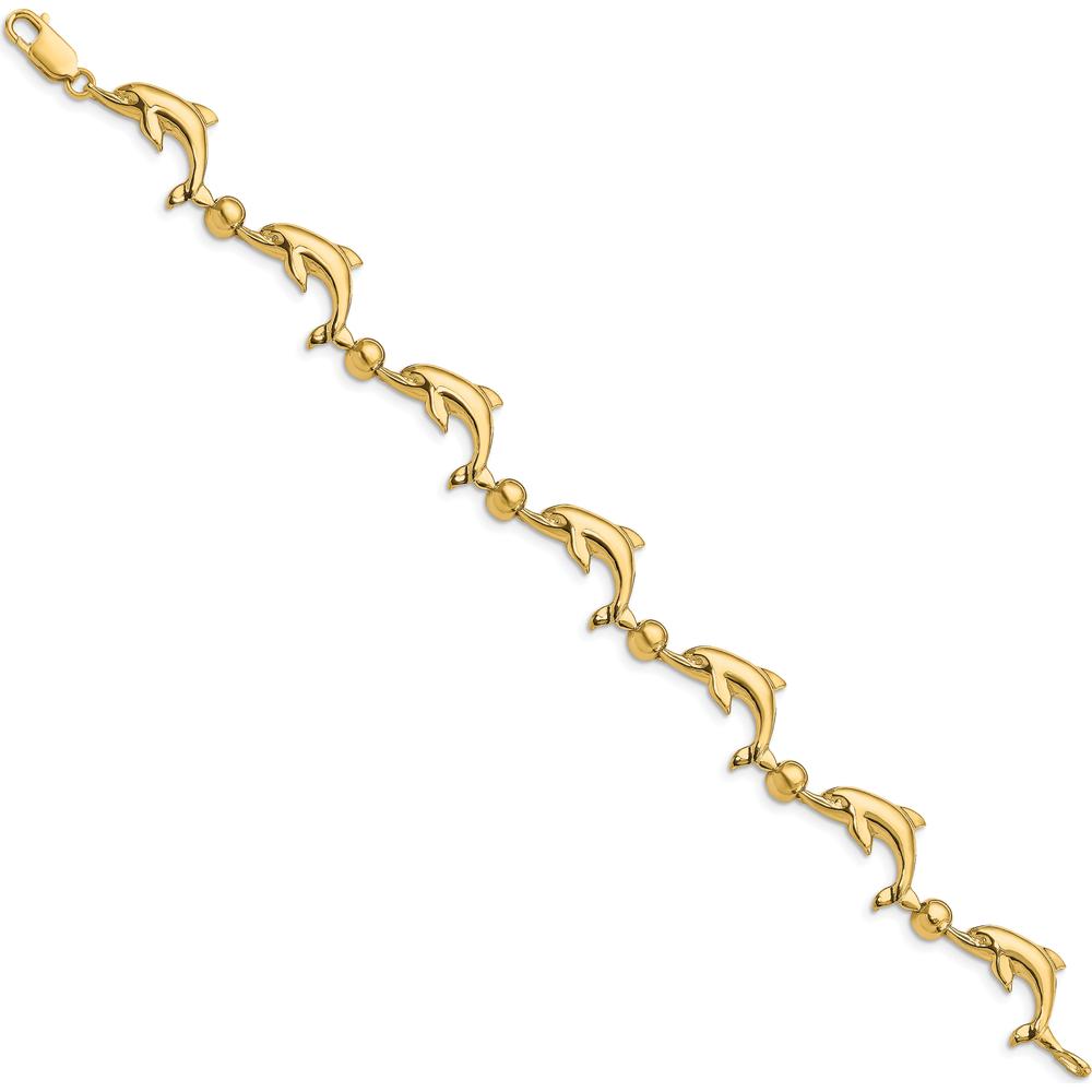 14K Yellow Gold Polished Dolphin and Bead Bracelet - 7.5" Length by Oro Pregiato