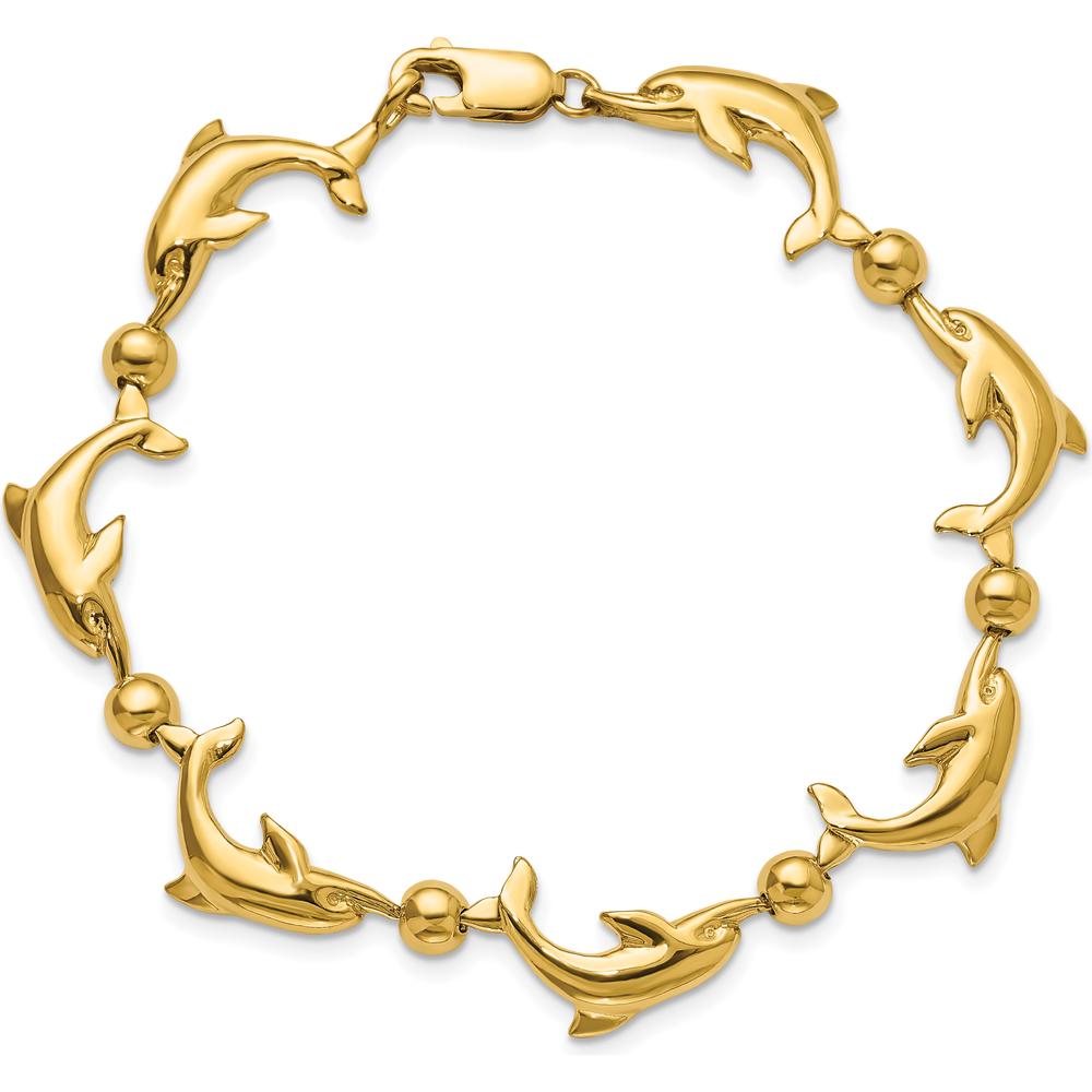 14K Yellow Gold Polished Dolphin and Bead Bracelet - 7.5" Length by Oro Pregiato