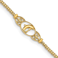14K Yellow Gold Polished Dolphin and Filigree 10" Anklet with Secure Lobster Clasp