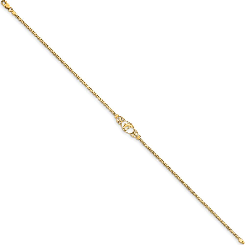 14K Yellow Gold Polished Dolphin and Filigree 10" Anklet with Secure Lobster Clasp