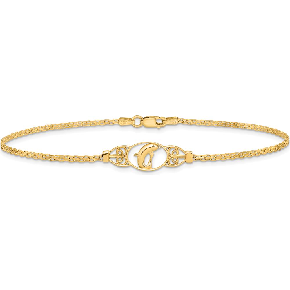 14K Yellow Gold Polished Dolphin and Filigree 10" Anklet with Secure Lobster Clasp