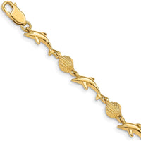 14K Yellow Gold Polished Dolphin and Sea Shell 7" Bracelet - Solid Cast Design with Lobster Clasp by Oro Pregiato