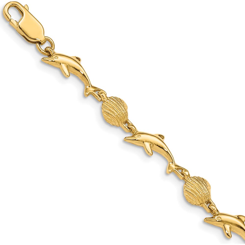 14K Yellow Gold Polished Dolphin and Sea Shell 7" Bracelet - Solid Cast Design with Lobster Clasp by Oro Pregiato