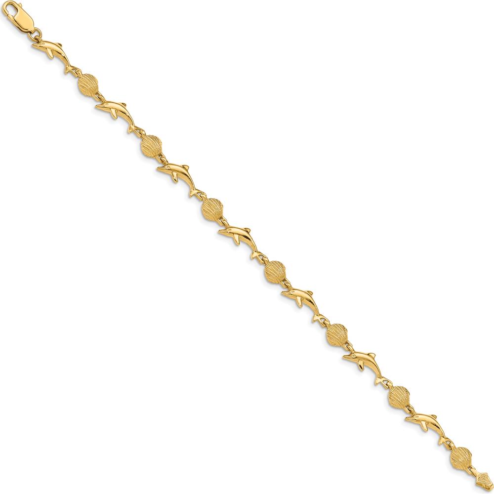 14K Yellow Gold Polished Dolphin and Sea Shell 7" Bracelet - Solid Cast Design with Lobster Clasp by Oro Pregiato