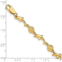 14K Yellow Gold Polished Dolphin and Sea Shell 7" Bracelet - Solid Cast Design with Lobster Clasp by Oro Pregiato