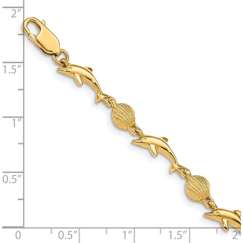 14K Yellow Gold Polished Dolphin and Sea Shell 7" Bracelet - Solid Cast Design with Lobster Clasp by Oro Pregiato