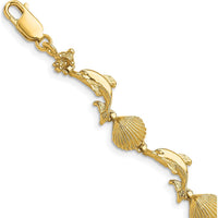 14K Yellow Gold Polished Dolphin and Shell Motif Bracelet - 7.25" Length by Oro Pregiato