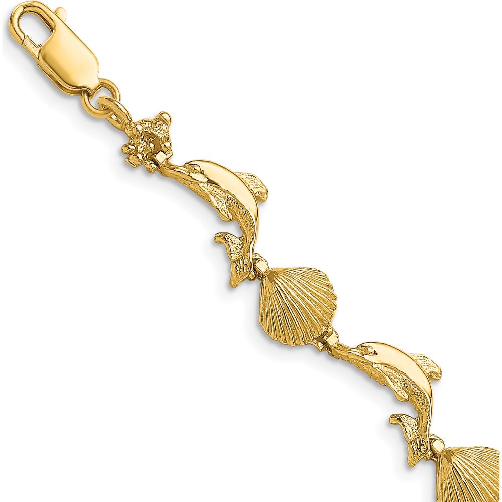 14K Yellow Gold Polished Dolphin and Shell Motif Bracelet - 7.25" Length by Oro Pregiato