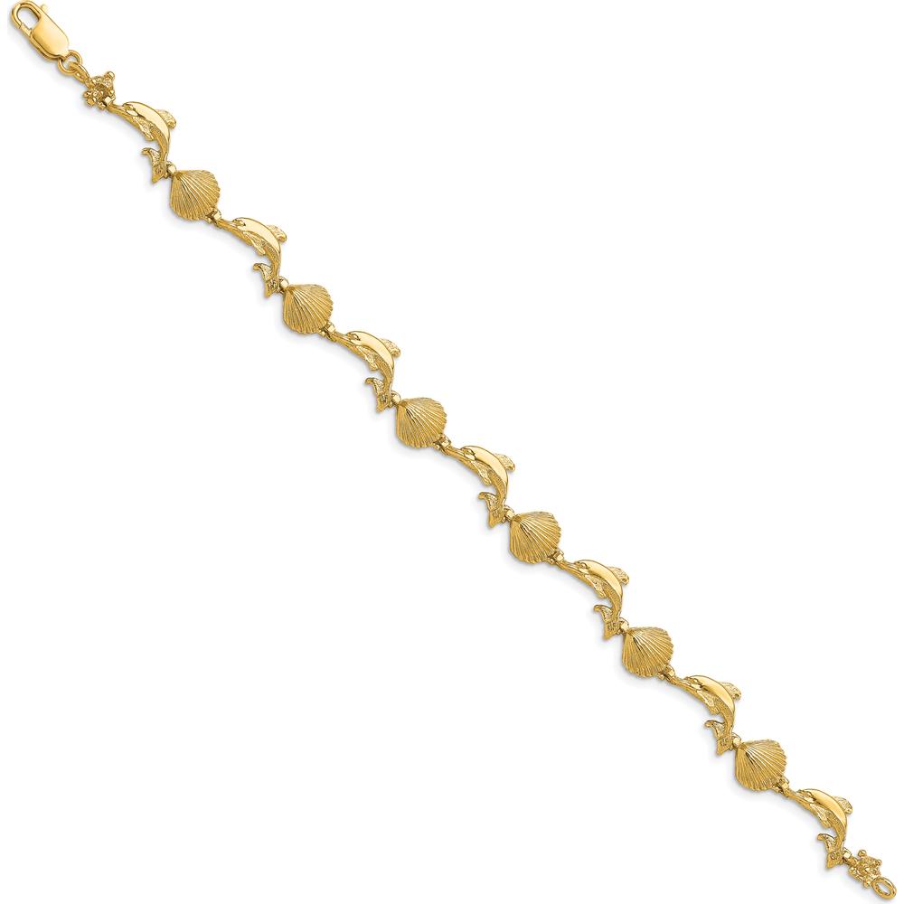 14K Yellow Gold Polished Dolphin and Shell Motif Bracelet - 7.25" Length by Oro Pregiato