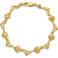 14K Yellow Gold Polished Dolphin and Shell Motif Bracelet - 7.25" Length by Oro Pregiato