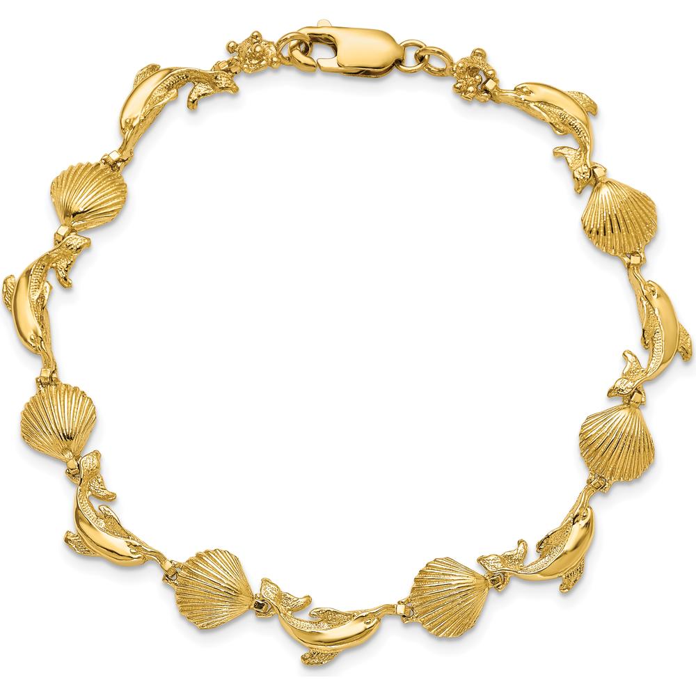 14K Yellow Gold Polished Dolphin and Shell Motif Bracelet - 7.25" Length by Oro Pregiato