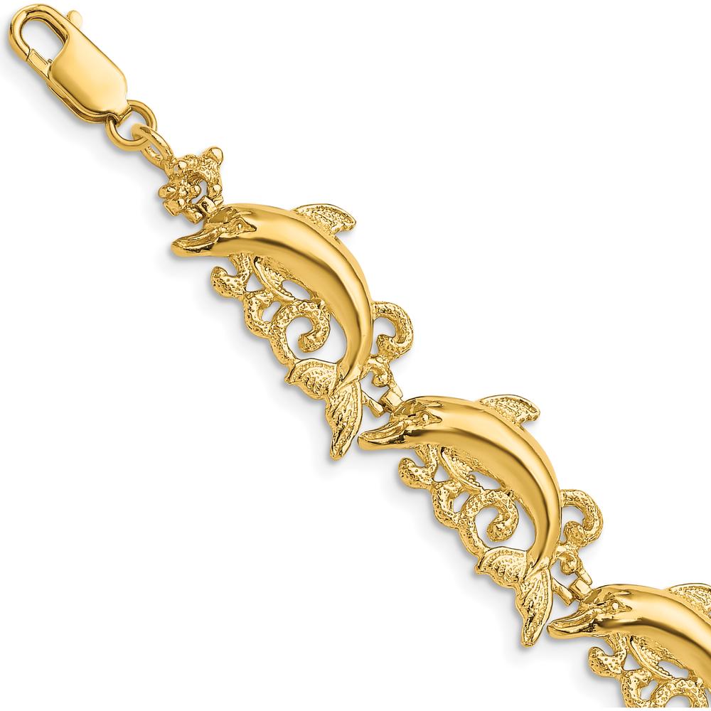 14K Yellow Gold Polished Dolphin and Waves Bracelet - 7.5" by Oro Pregiato