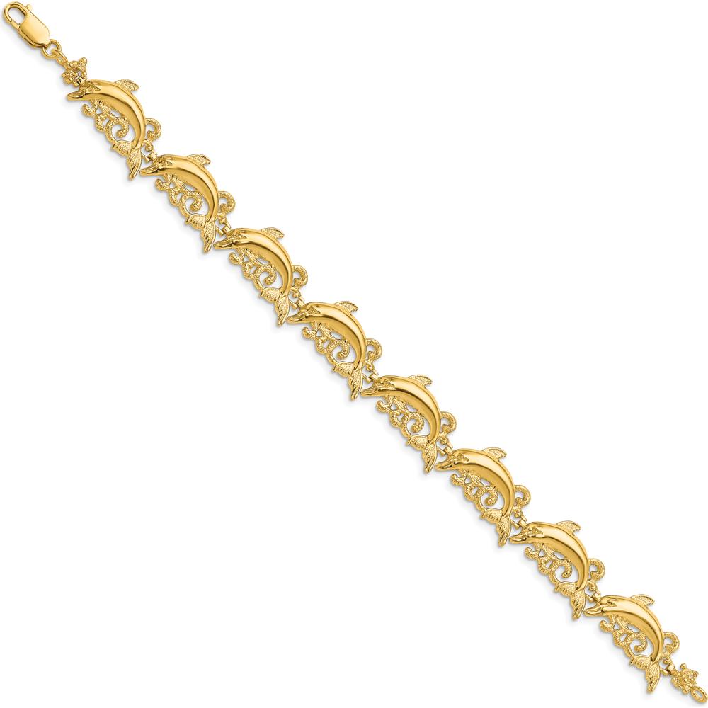 14K Yellow Gold Polished Dolphin and Waves Bracelet - 7.5" by Oro Pregiato