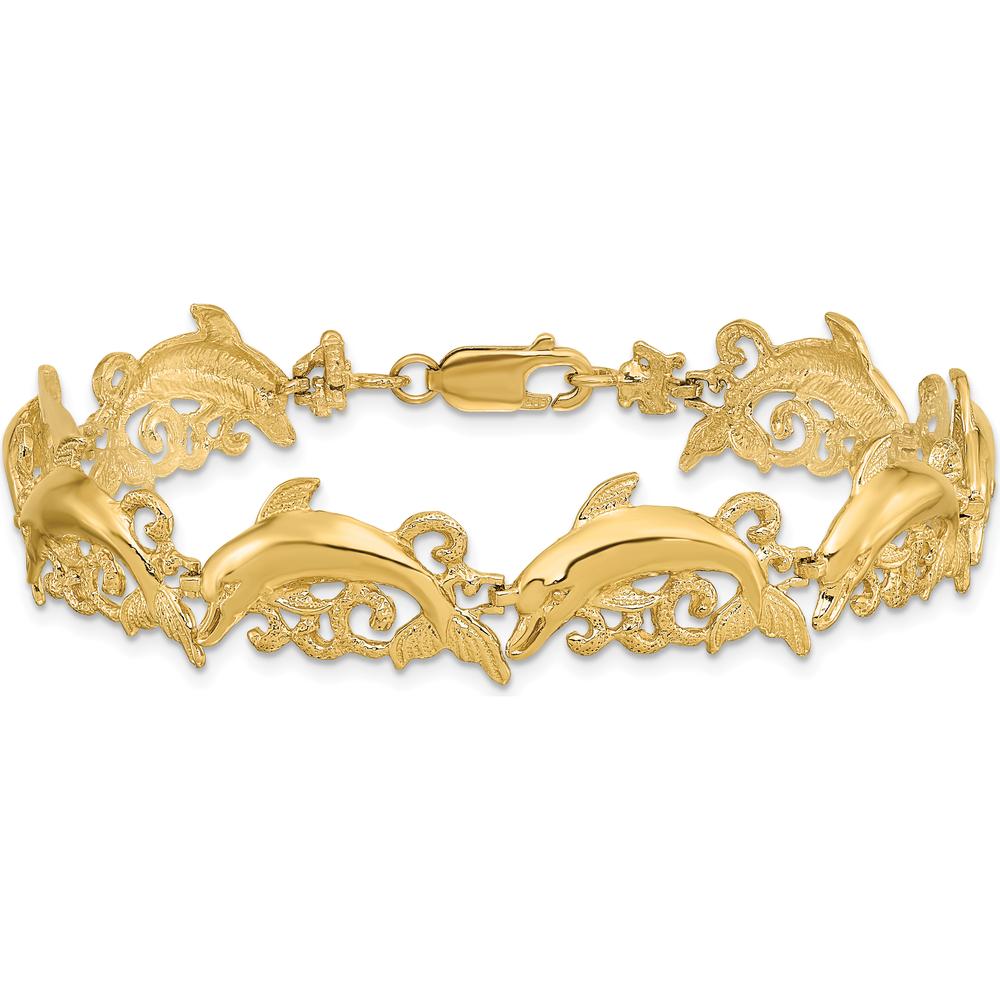 14K Yellow Gold Polished Dolphin and Waves Bracelet - 7.5" by Oro Pregiato