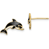 14K Yellow Gold Polished Dolphin Enamel Post Earrings with White and Black Accents by 0