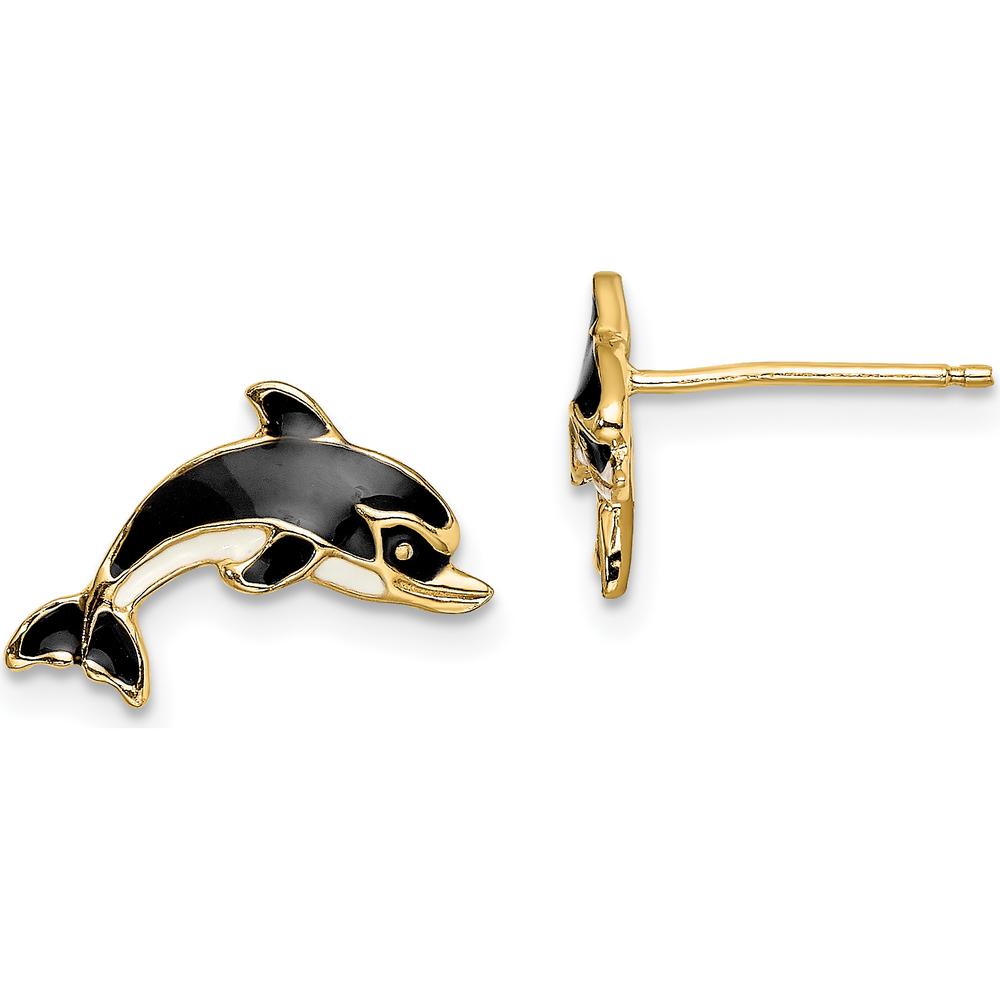 14K Yellow Gold Polished Dolphin Enamel Post Earrings with White and Black Accents by 0