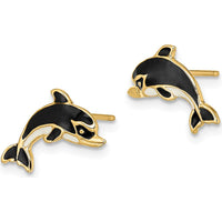 14K Yellow Gold Polished Dolphin Enamel Post Earrings with White and Black Accents by 0