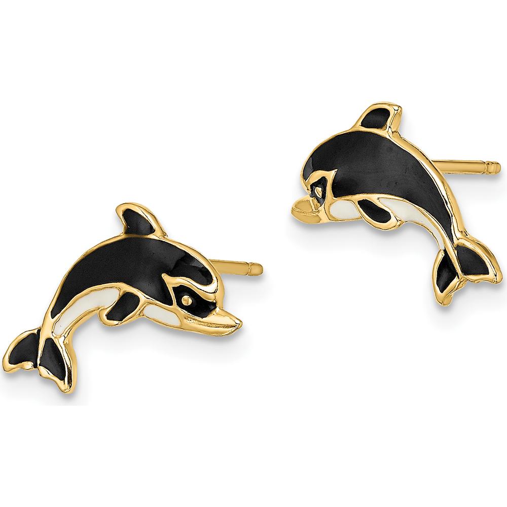 14K Yellow Gold Polished Dolphin Enamel Post Earrings with White and Black Accents by 0