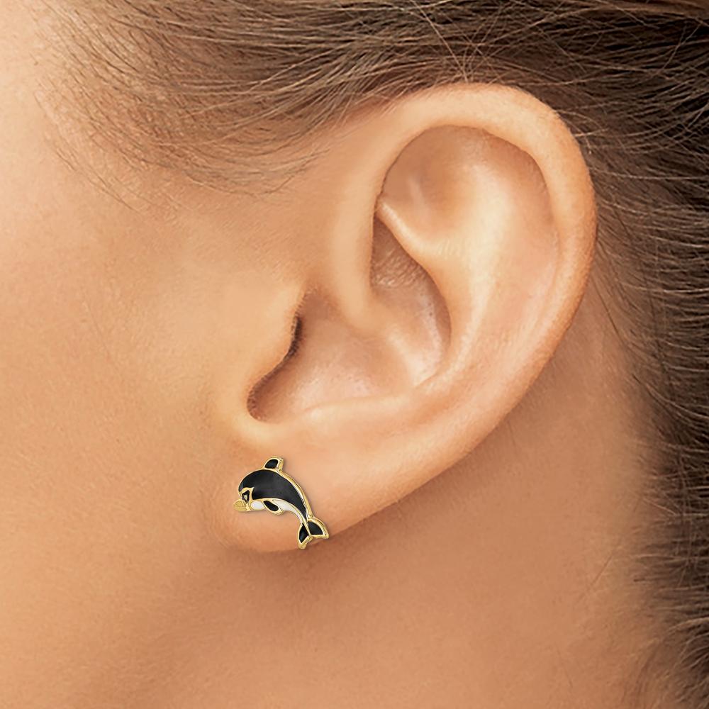 14K Yellow Gold Polished Dolphin Enamel Post Earrings with White and Black Accents by 0