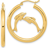14K Yellow Gold Polished Dolphin Hoop Earrings - 32.52mm Length by 0